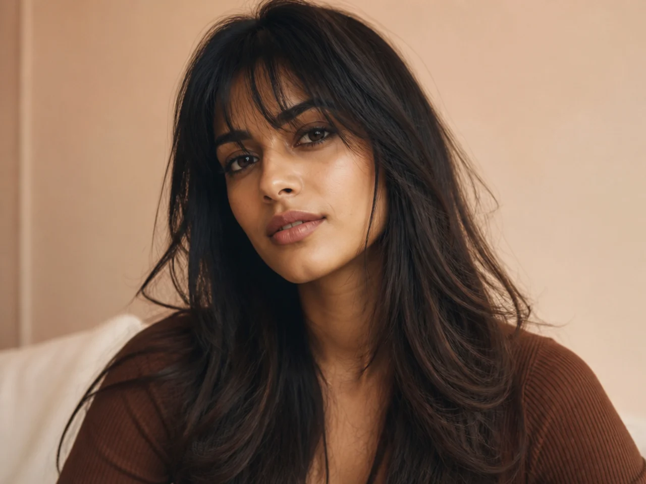 Wispy bangs blending into long layers