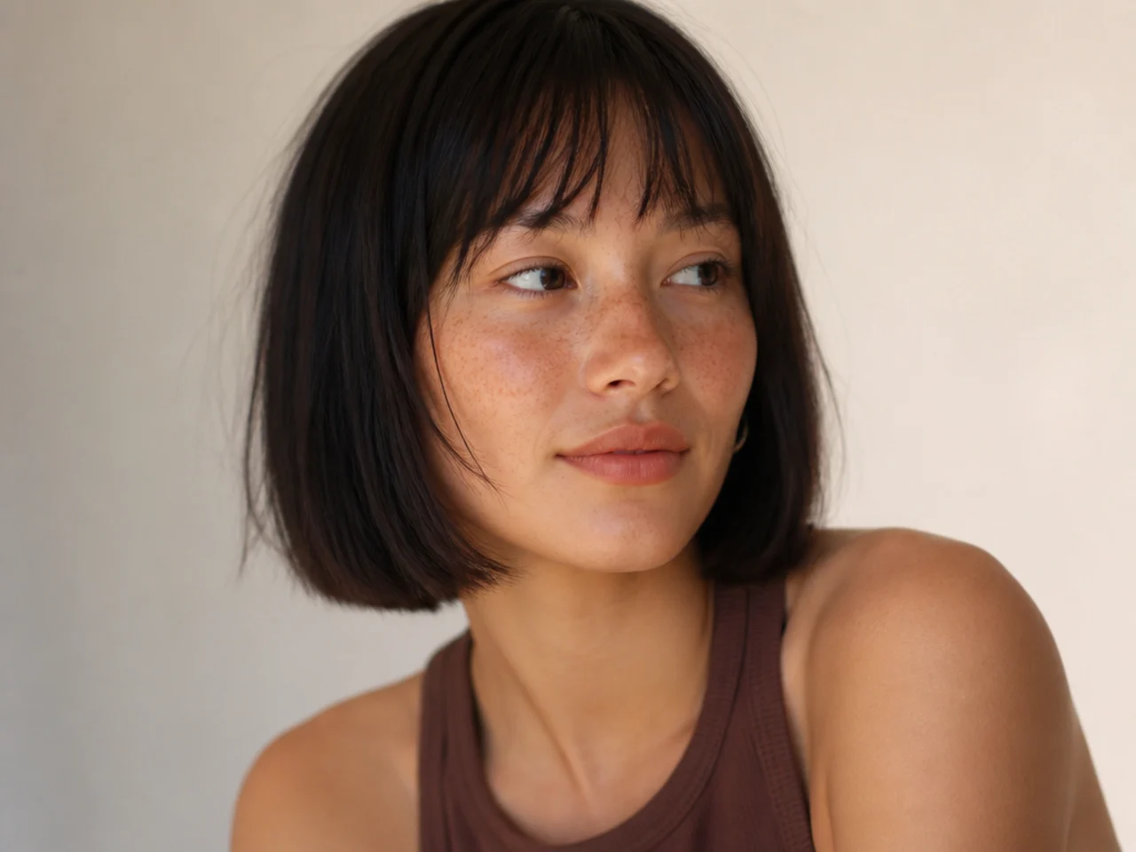 Wispy bangs above a blunt cut perimeter