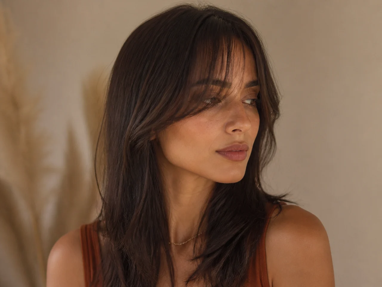 Three quarter view of wispy curtain bangs on fine hair