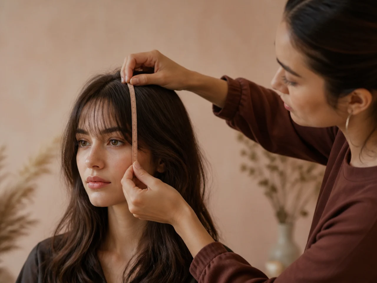 A stylist measuring fringe depth back from the hairline