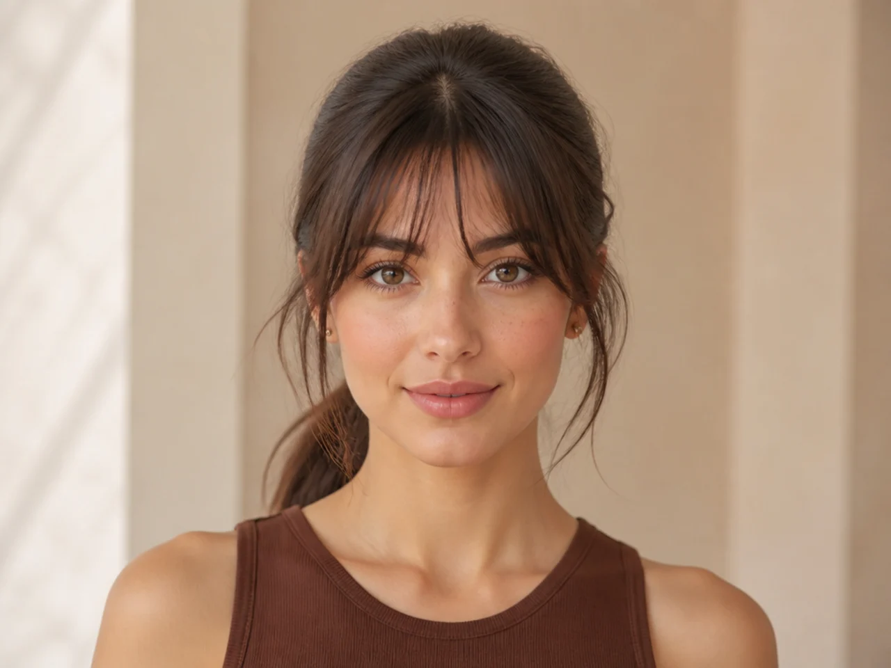 Wispy bangs worn with a ponytail