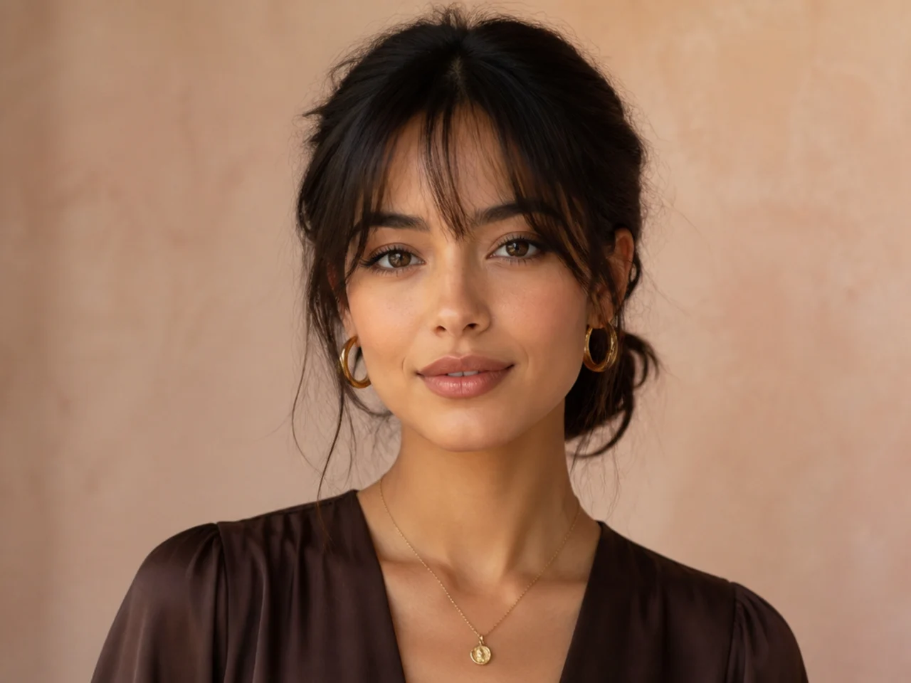 Wispy bangs worn with a low bun
