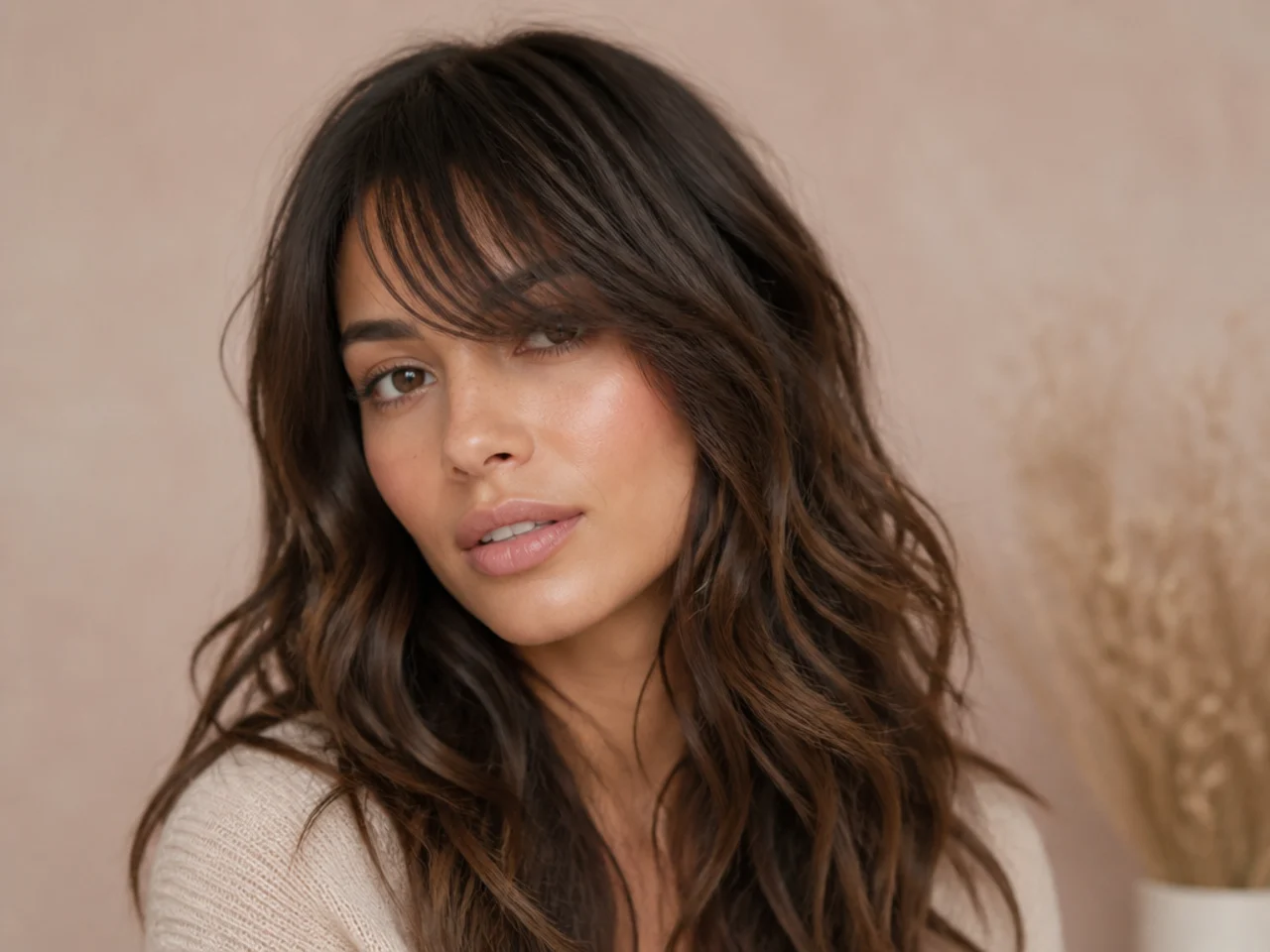 Wispy side swept bangs on wavy hair