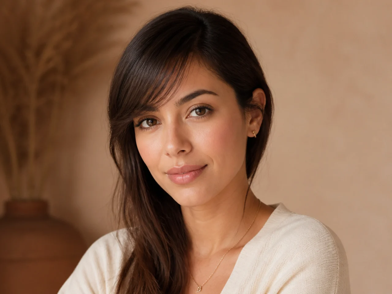 Wispy side swept bangs tucked behind one ear