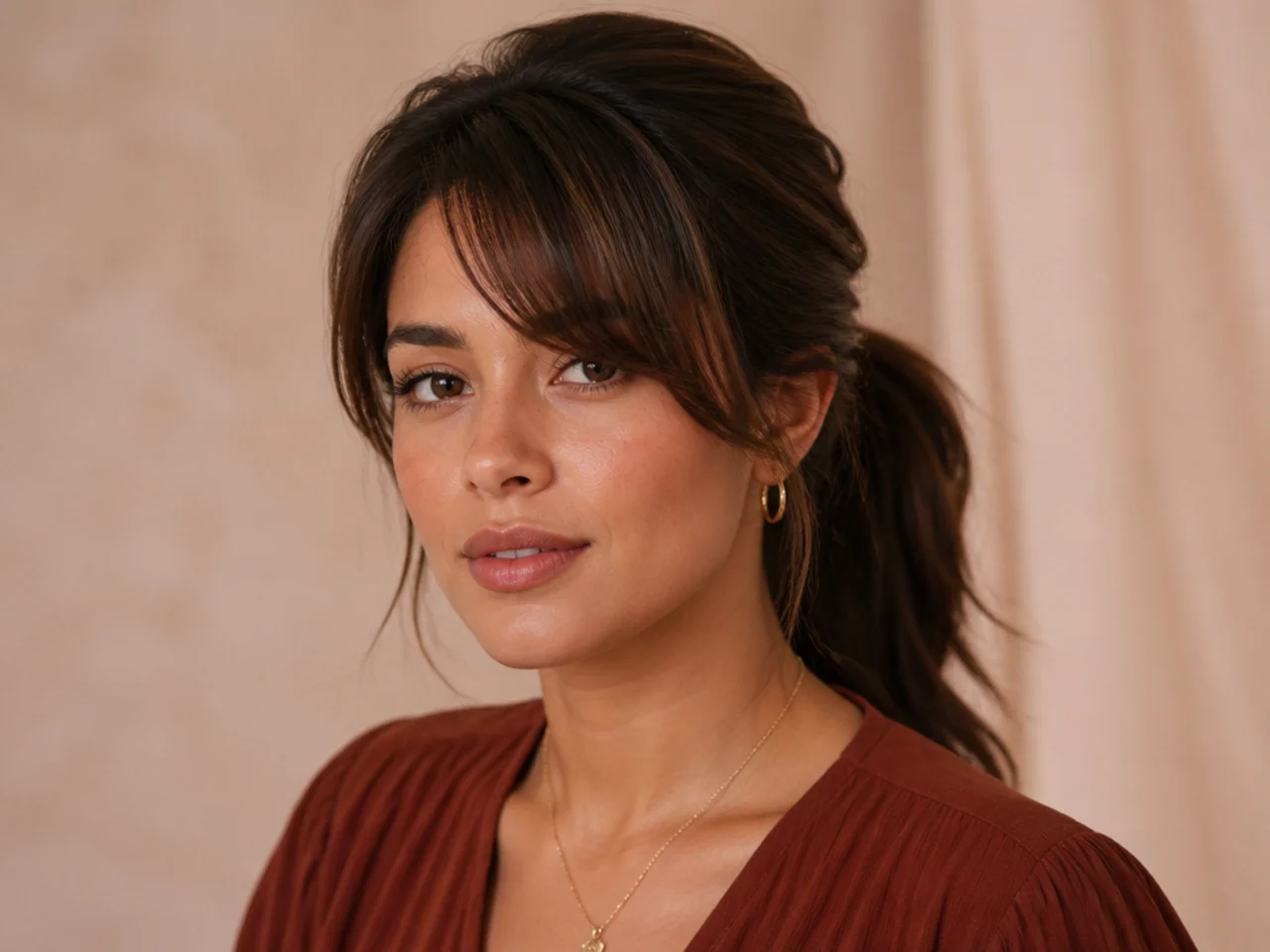 Wispy side swept bangs with a ponytail