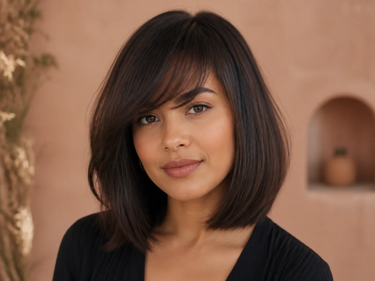 A side swept fringe with a blunt body and wispy edge