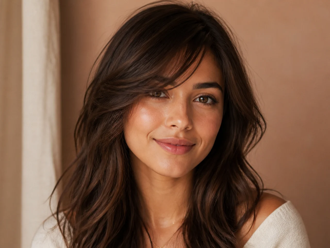 A wispy side swept fringe two weeks after cutting