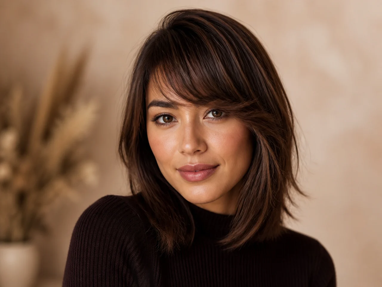 Wispy side swept bangs with a long bob