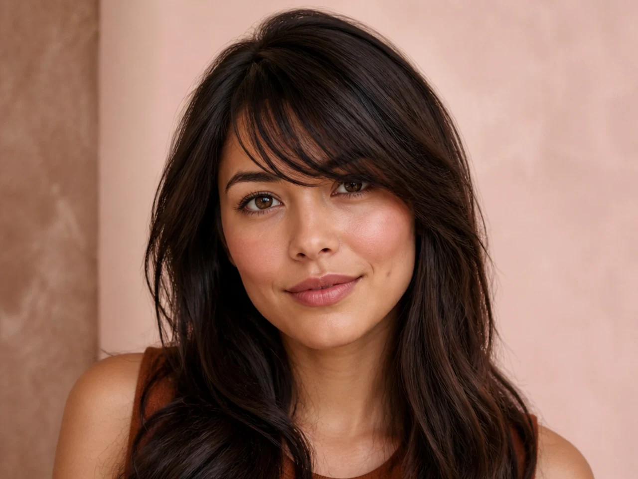 Wispy side swept bangs on thick hair