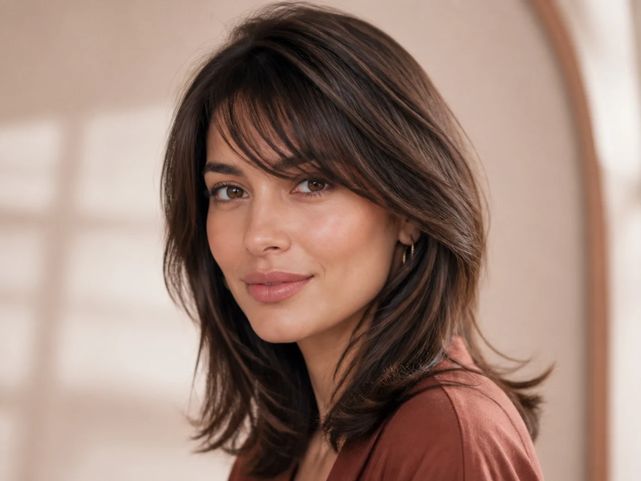 Three-quarter view of finished wispy side swept bangs