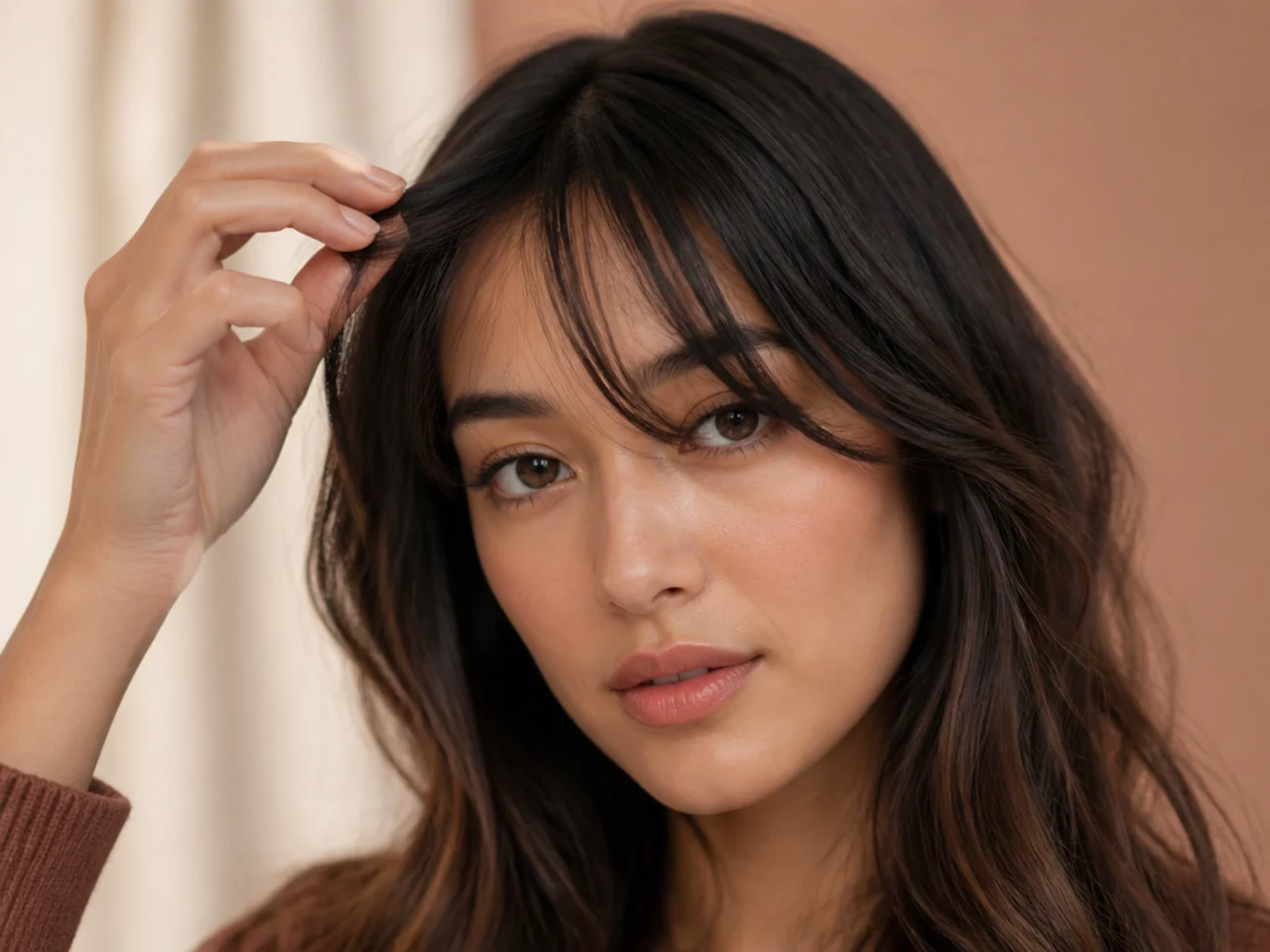 Fingers separating the wispy edge of a fringe