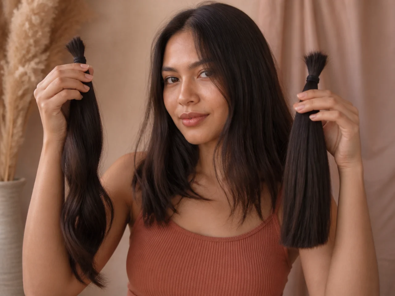 Two sections of hair held together with the previously cut one used as a length reference