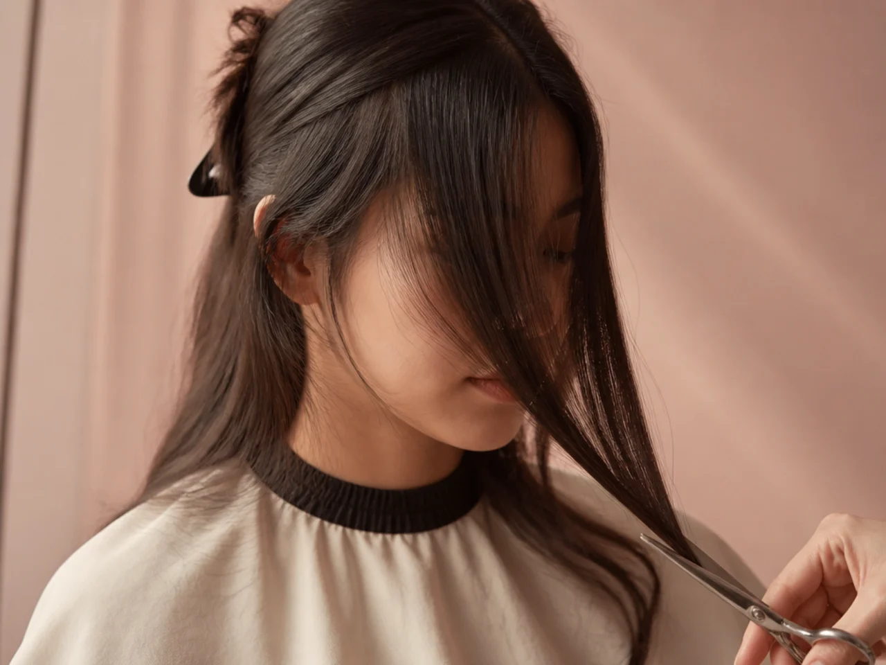 Front sections of hair pulled forward over the face and held at an angle before cutting