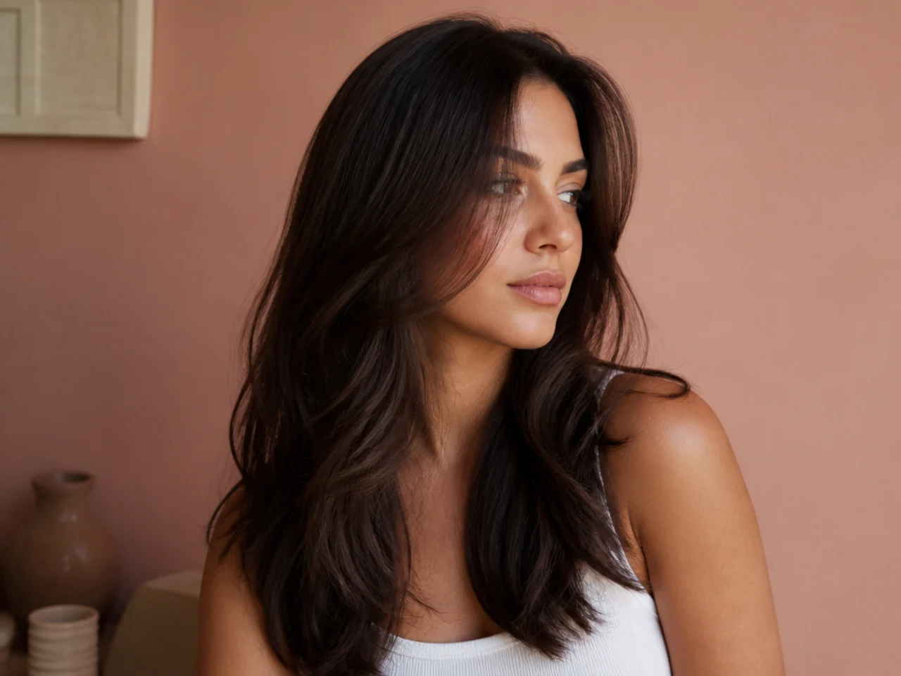 Freshly trimmed long layered hair styled and falling naturally around the shoulders