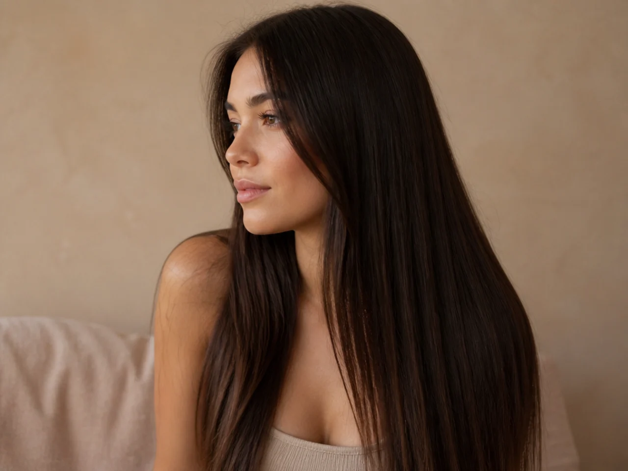 Clean dry long hair brushed smooth and falling in its natural shape
