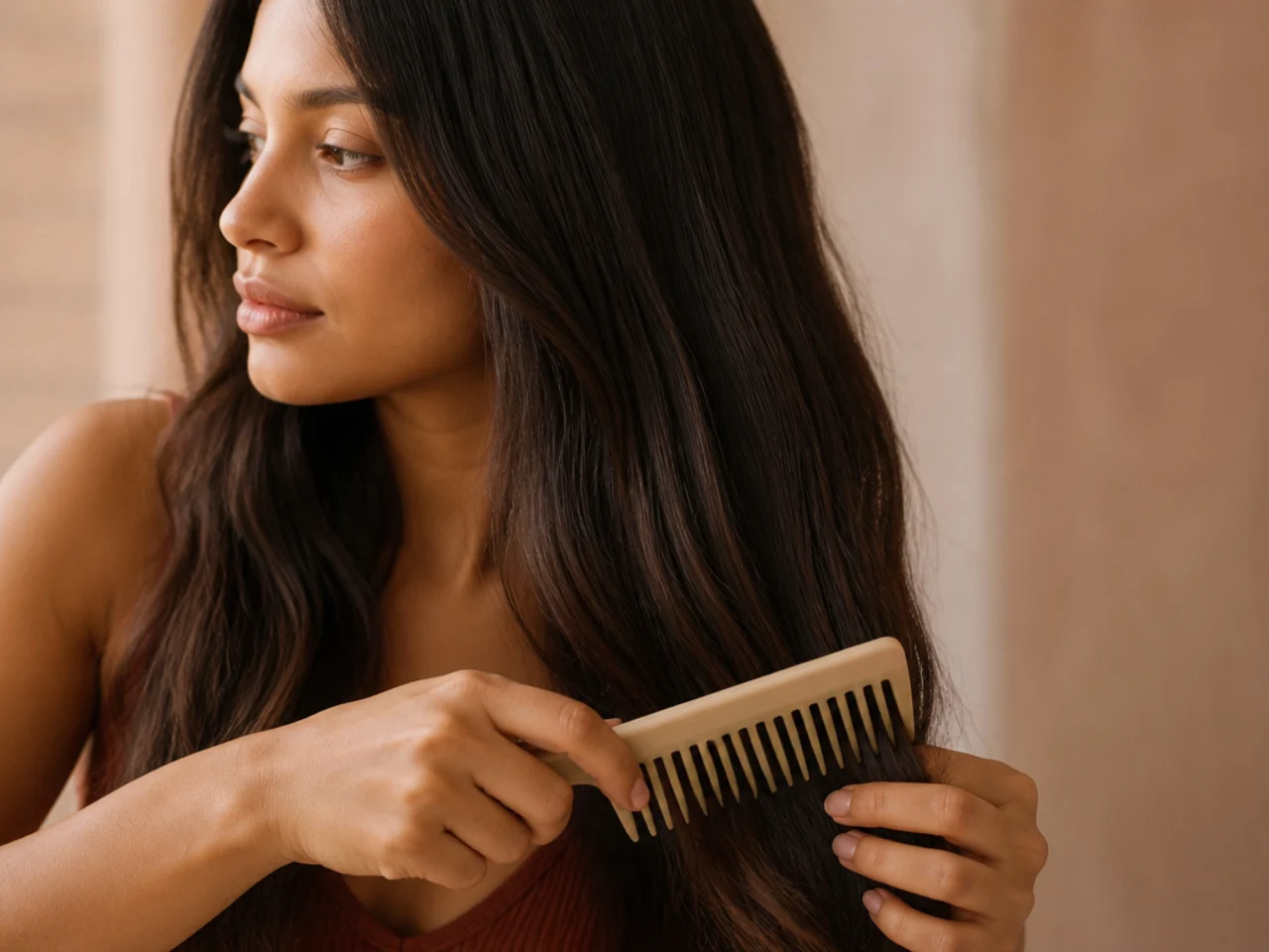 A wide tooth comb working through the ends of long hair a few inches at a time