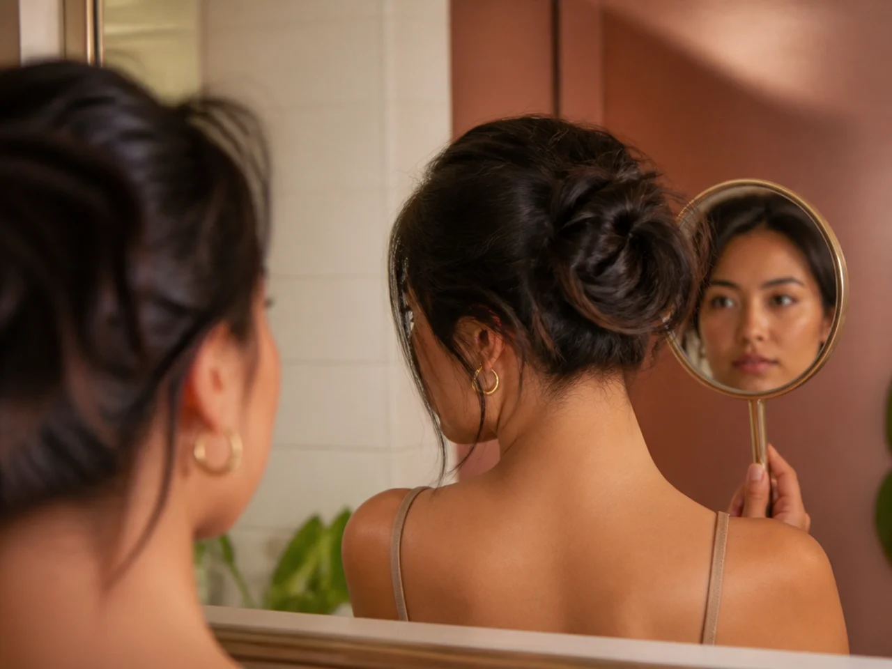 A bathroom mirror with a hand mirror held up behind the head and light coming from the front