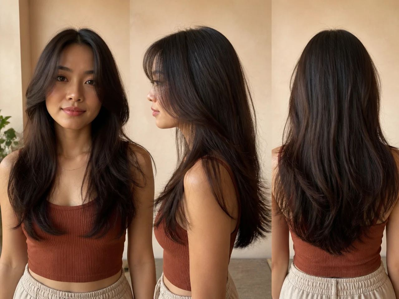 Three phone photographs of the same long layered haircut from the front, side and back