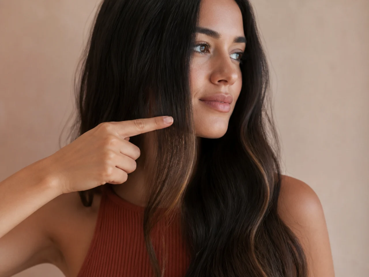 A finger marking a point at cheekbone level against a section of hair held forward