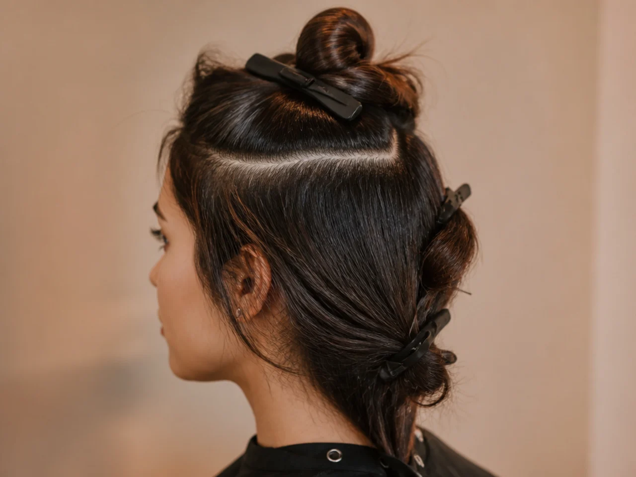 A horseshoe shaped crown section clipped up with the rest of the hair pinned down
