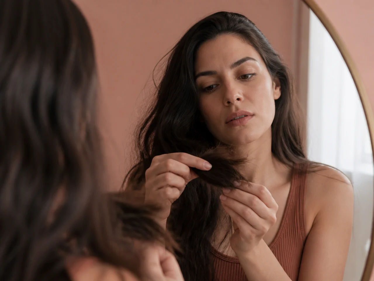 Someone examining the ends of long hair in a mirror with a section held between two fingers