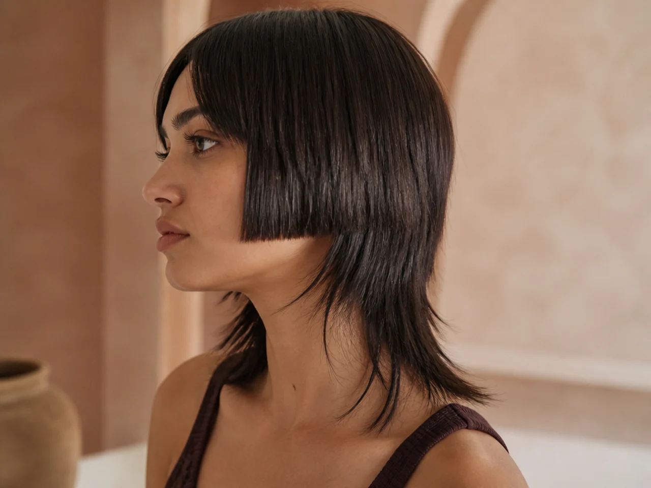 Uneven stepped layers with a hard blunt line across the side of the head