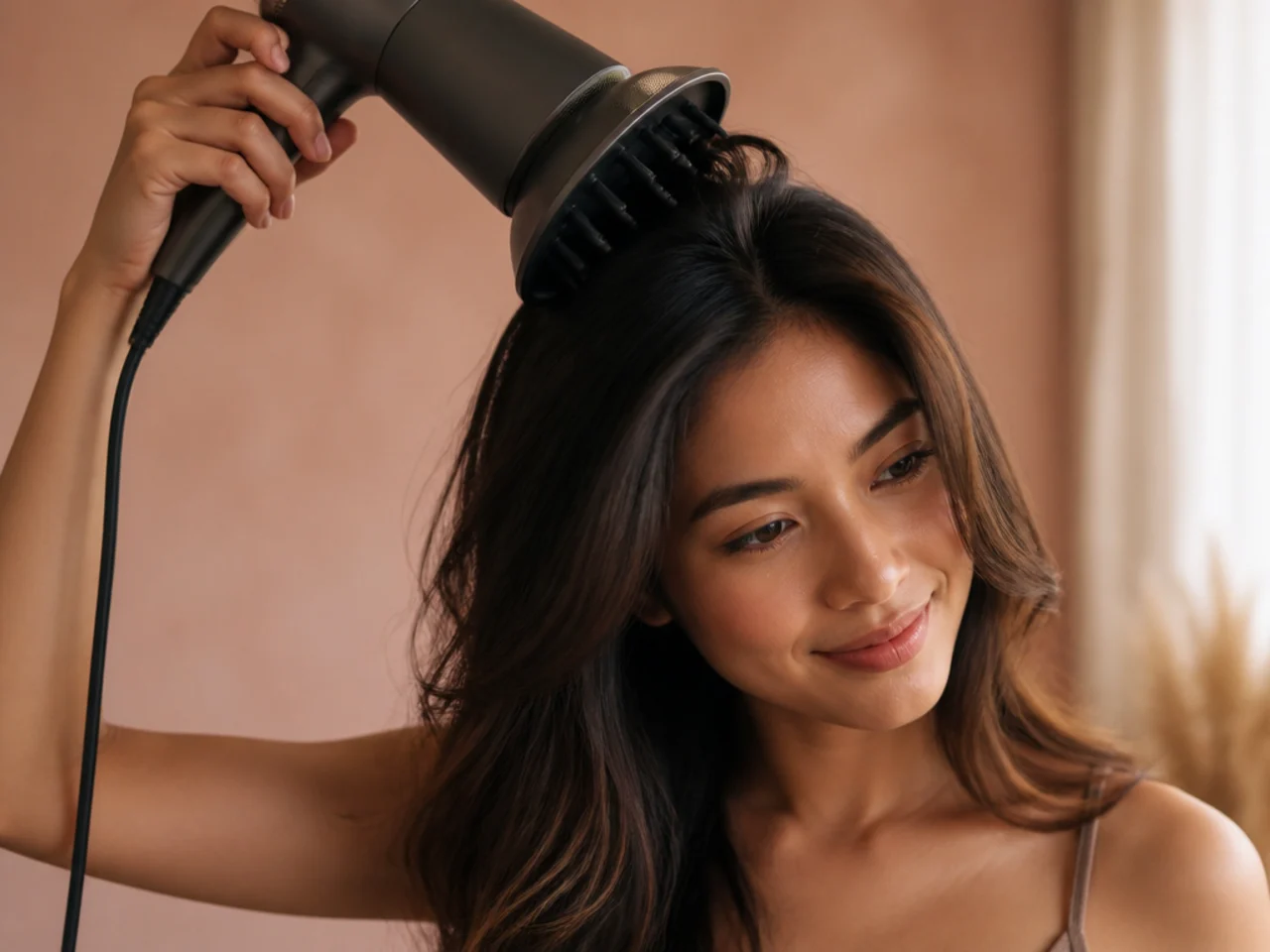 A diffuser attachment lifting the roots of long layered hair at the crown