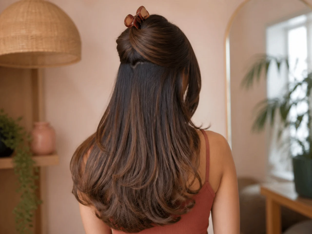 Long layered hair sectioned into a clipped crown and loose lengths, viewed from behind