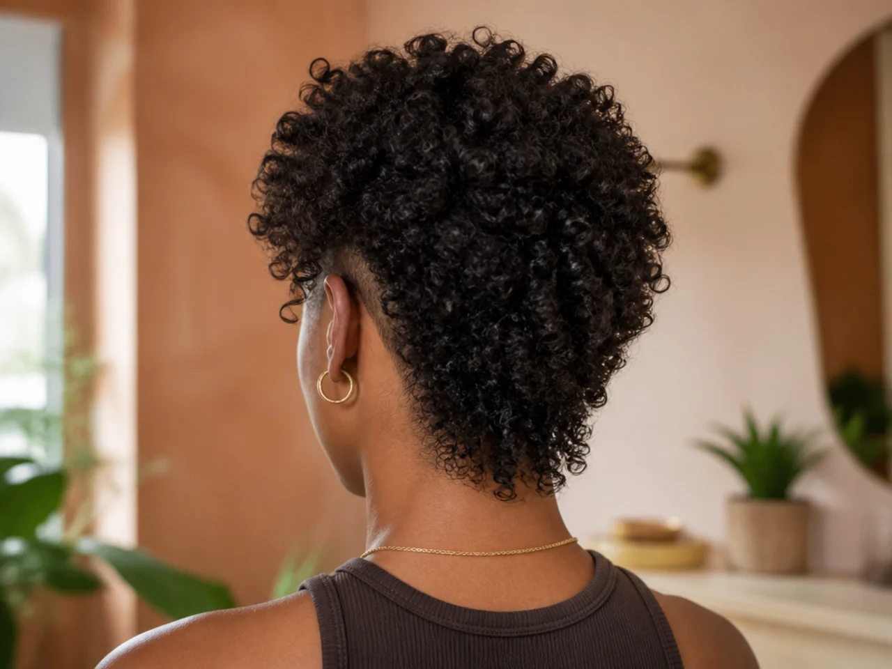 A tapered nape on a coily wolf cut seen from behind