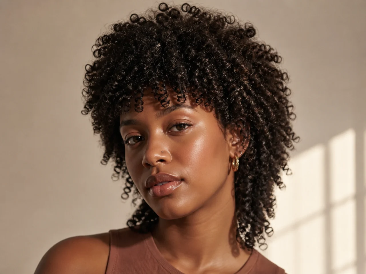 A short coily fringe sitting above the eyebrows on a layered wolf cut