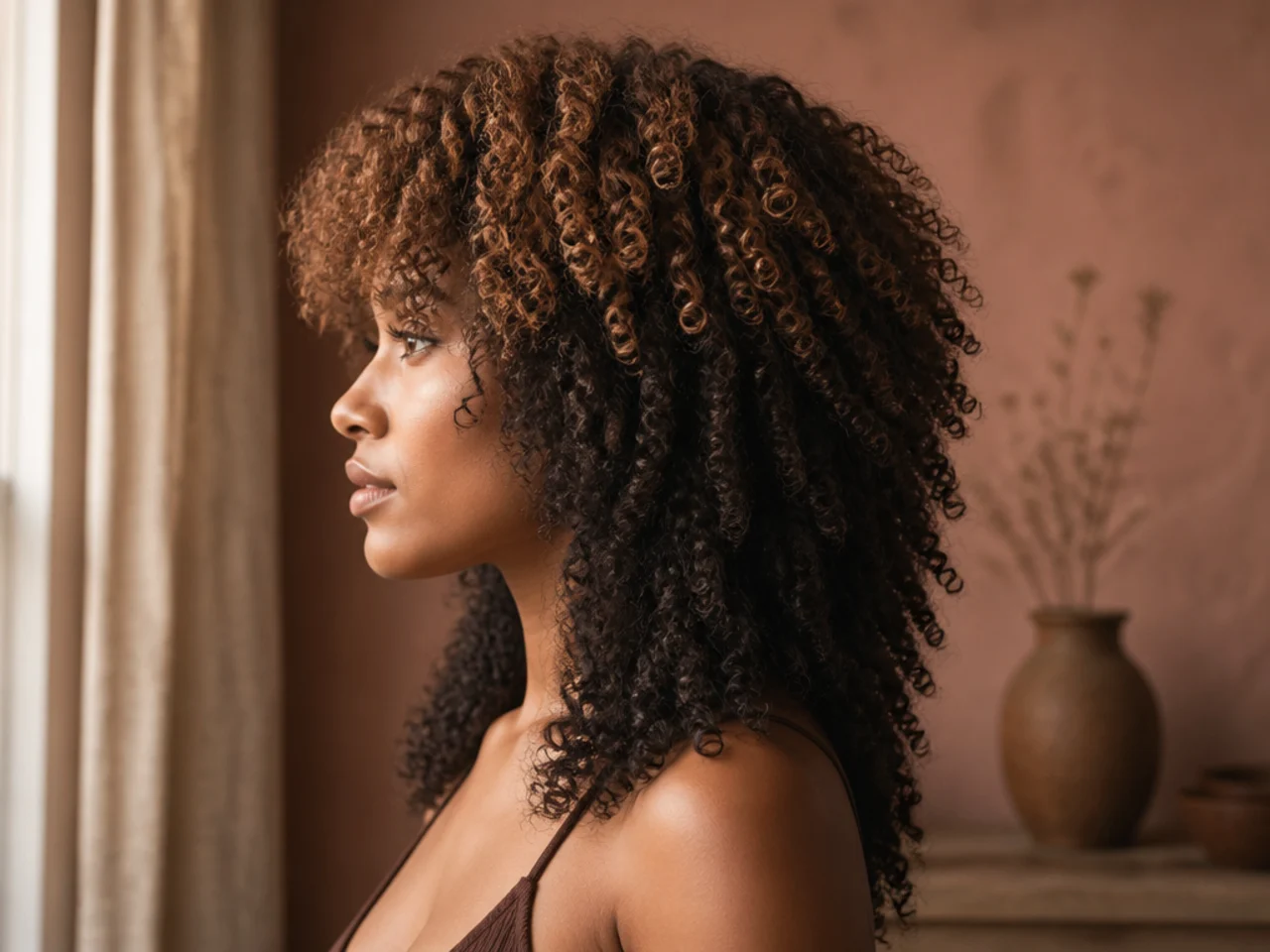 Coily hair with a lightened crown above darker lengths in a wolf cut shape