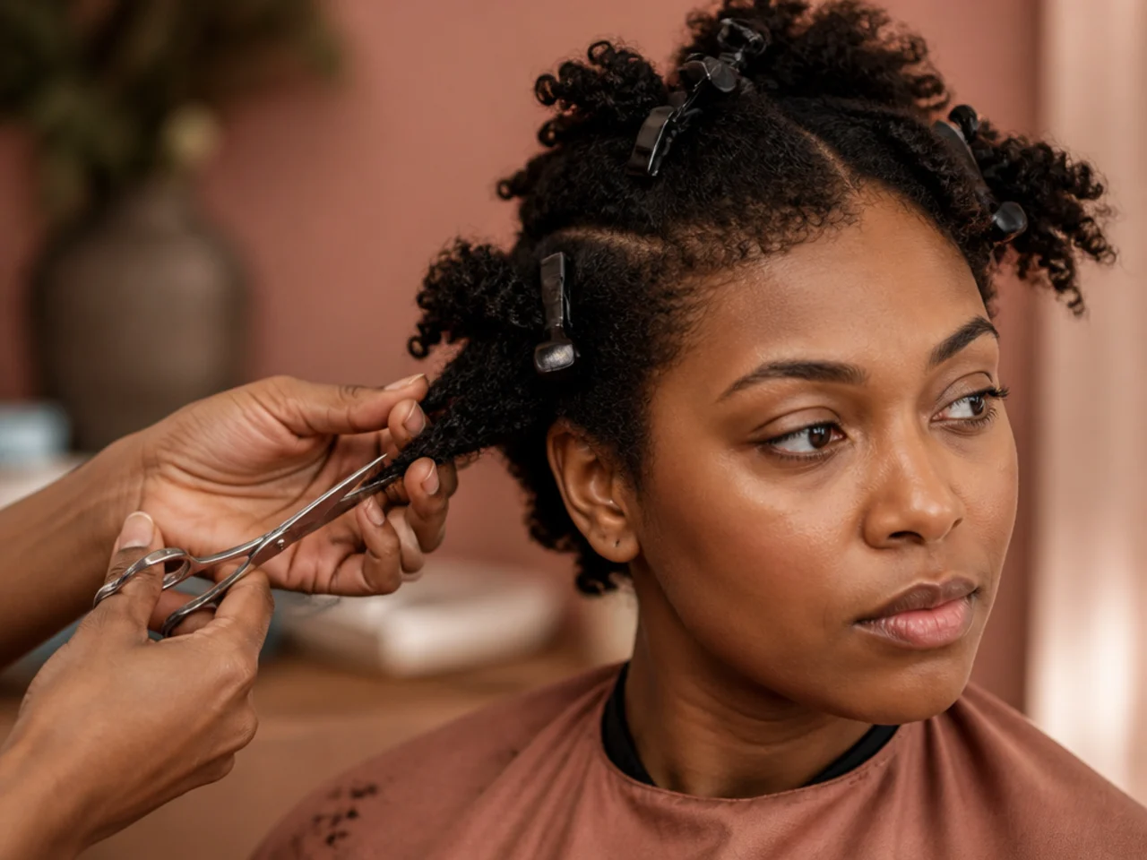 Coily hair clipped into small sections with one coil being cut at a time