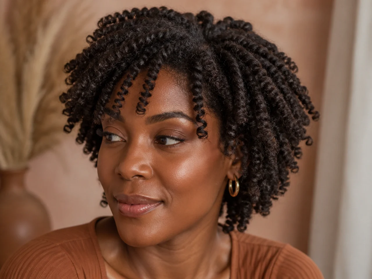 A defined twist out with visible layered movement through the crown and ends
