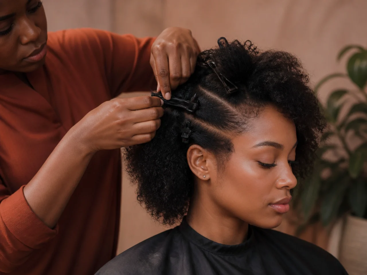 A stylist parting dry coils into sections with clips before cutting