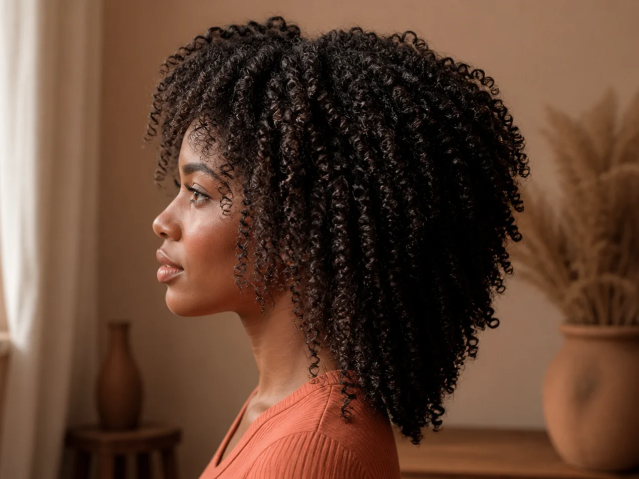 Side view of coily hair showing a rounded crown above longer defined ends