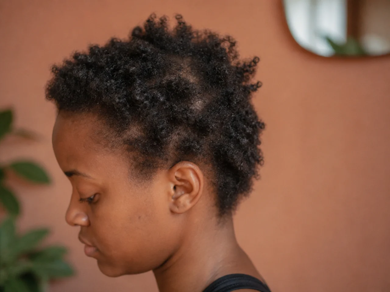 Coily hair with breakage at the crown and uneven short layers
