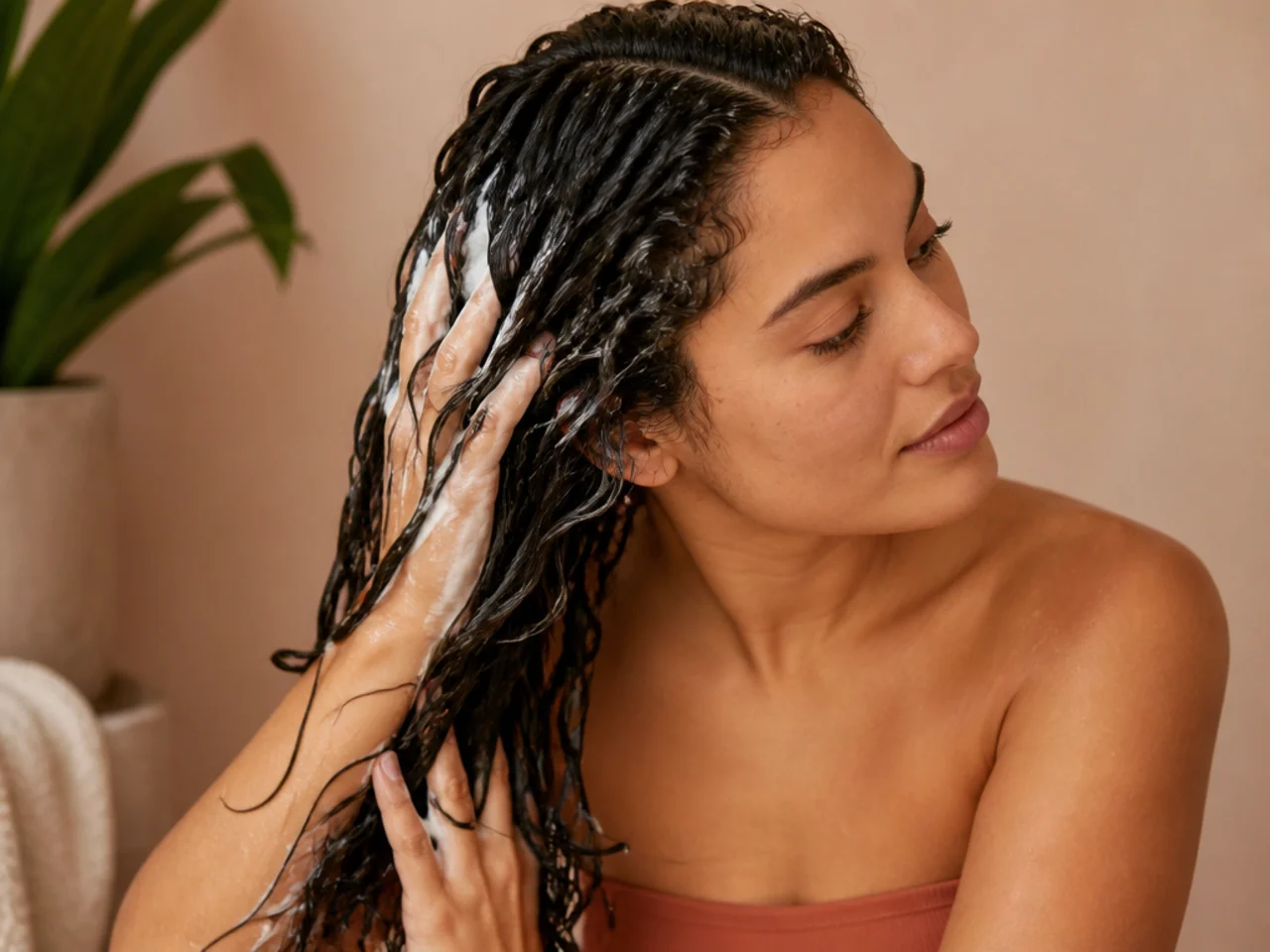 Curl cream being scrunched into soaking wet curls