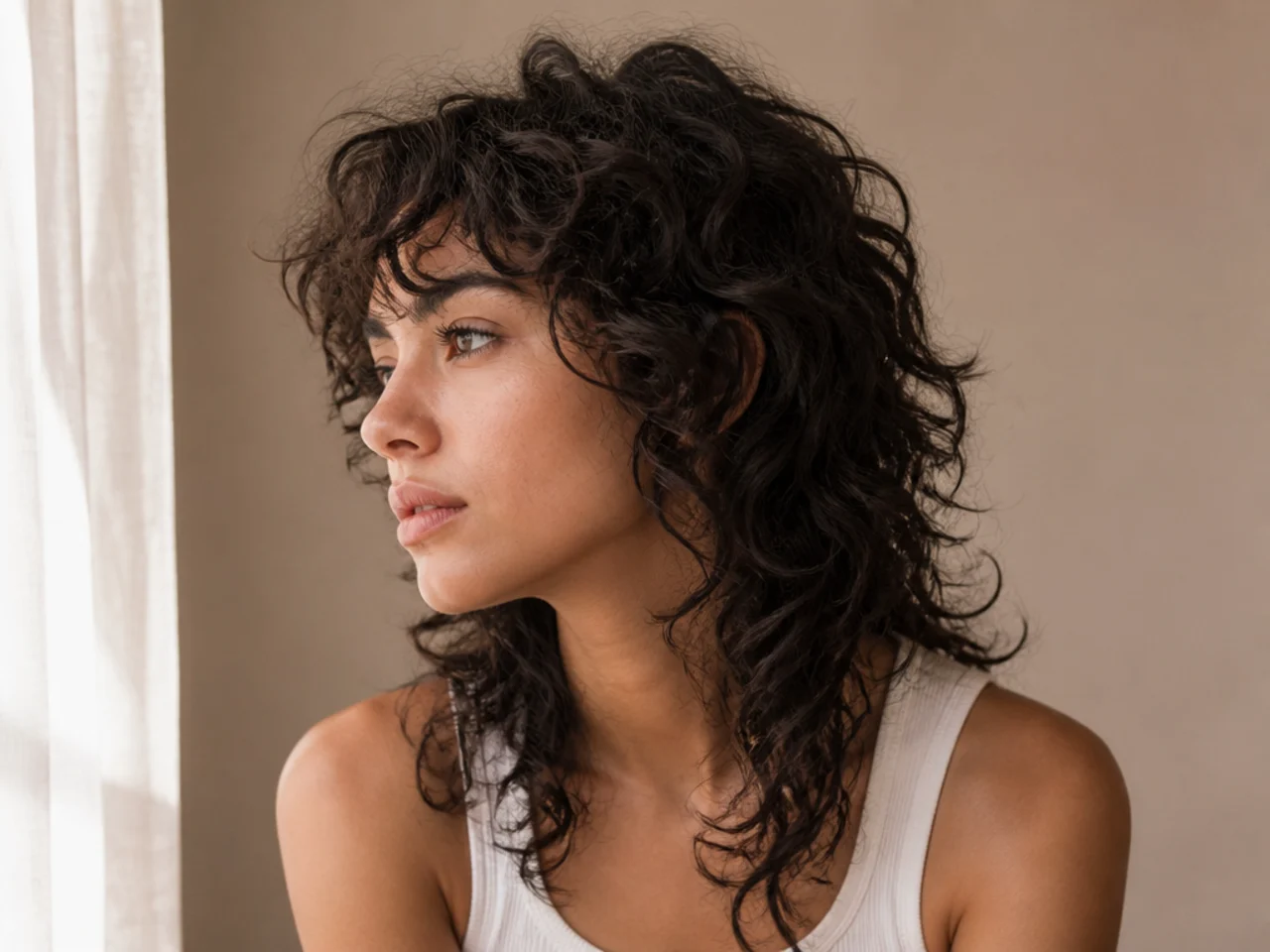 An air dried curly wolf cut with clumps formed naturally