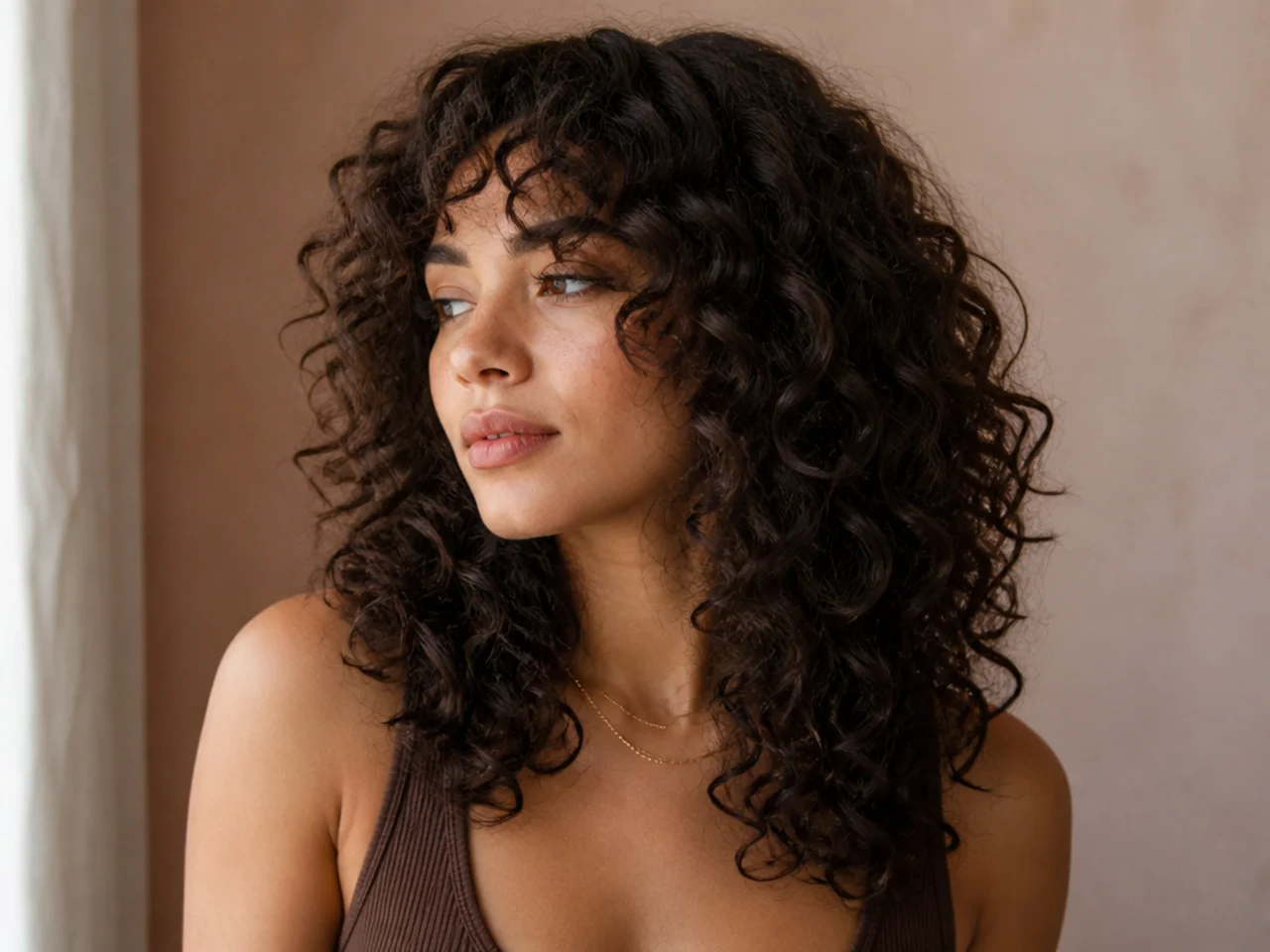 A grown out curly cut with layers converging toward one length