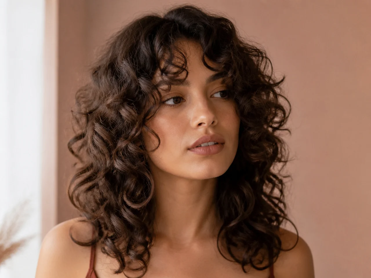 A curly butterfly cut flaring outward at the cheekbones