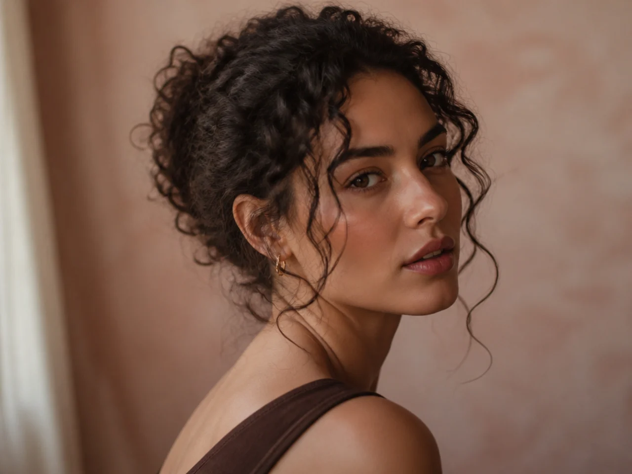 Curly hair tied back with only the front pieces falling loose