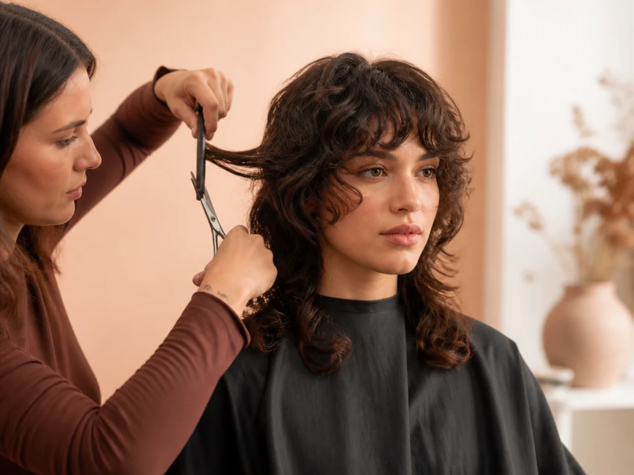 A curly butterfly cut being reshaped into a layered wolf cut