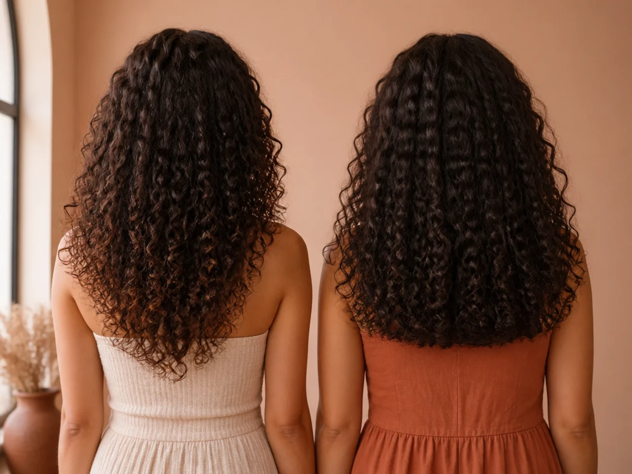 A tapered textured hem next to a blunt weighted hem on curly hair