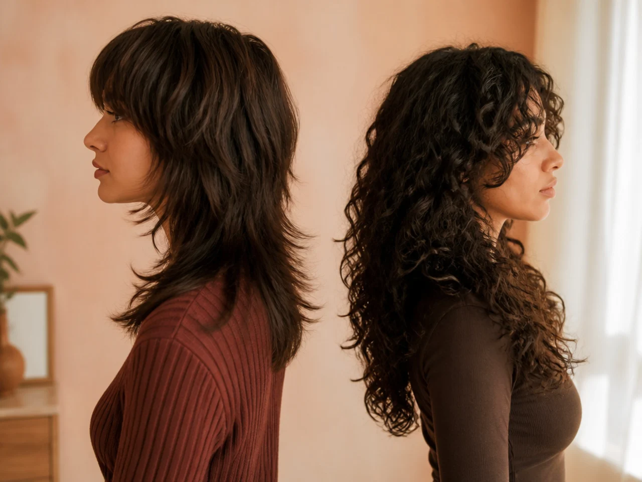 Side silhouettes of a wedge shaped wolf cut and a column shaped butterfly cut