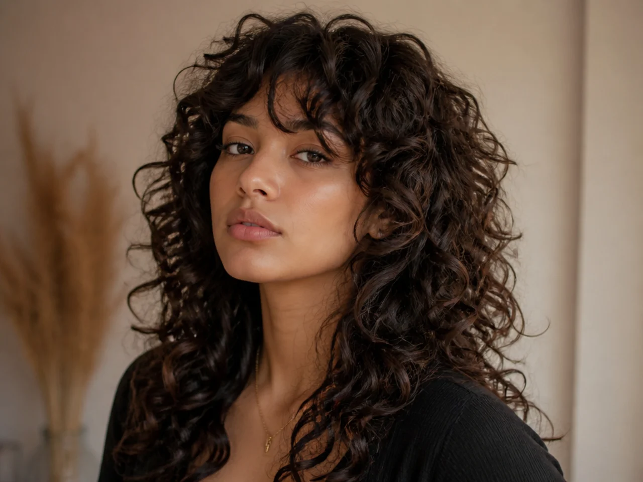 Very thick curls layered into a wolf cut to reduce bulk