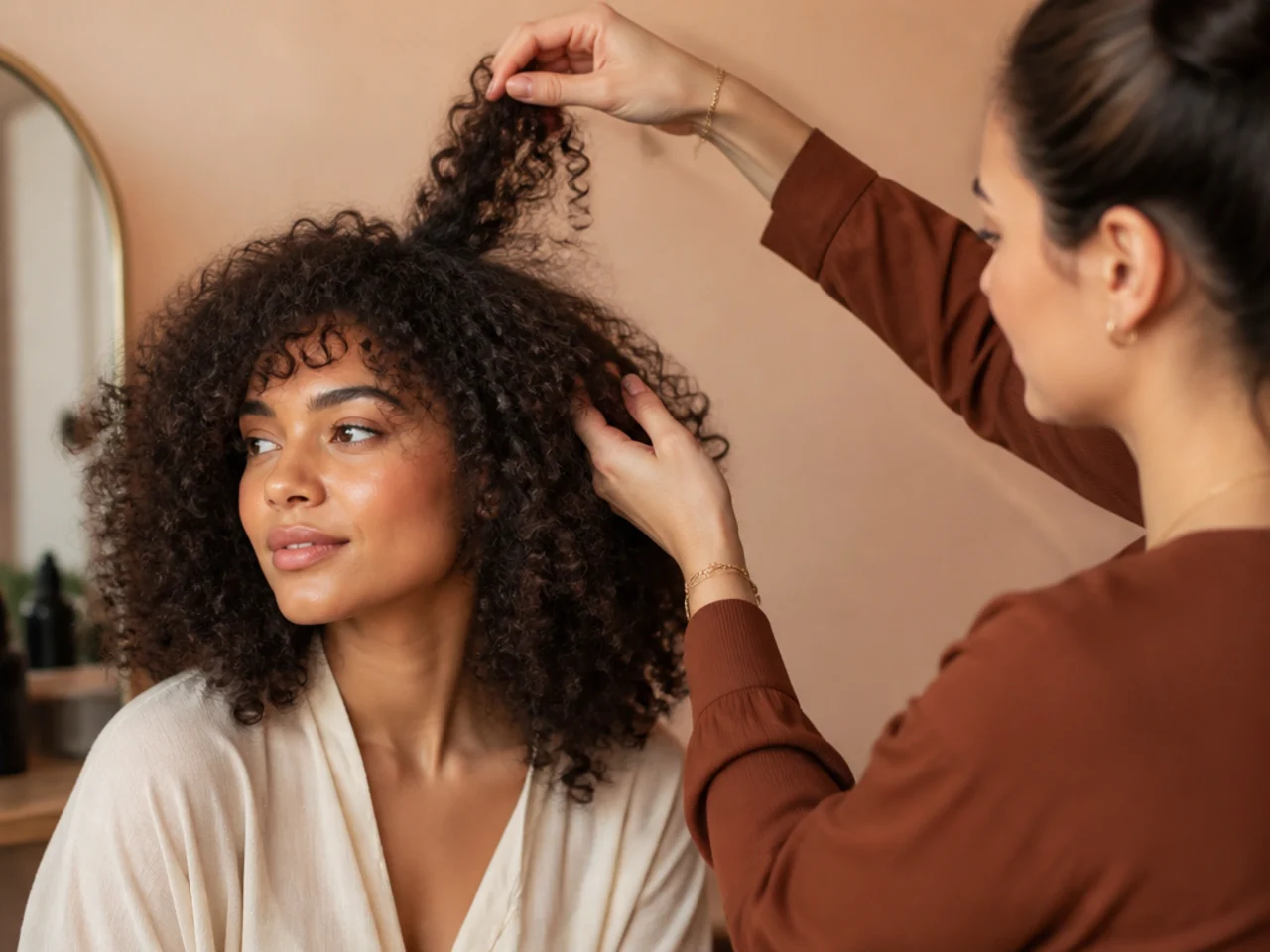A stylist assessing curl density by lifting a section of dry curls