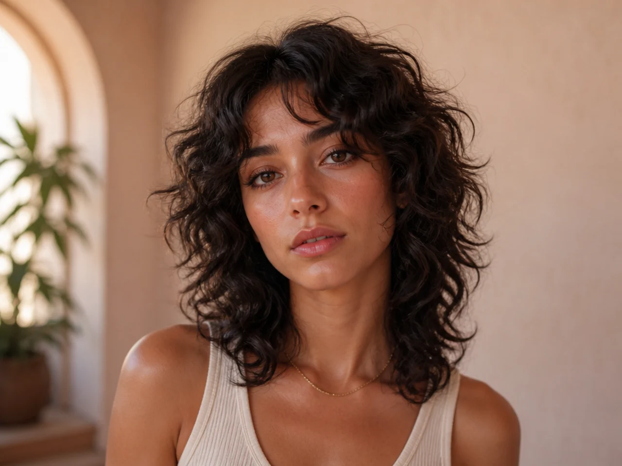 A curly wolf cut with a middle part