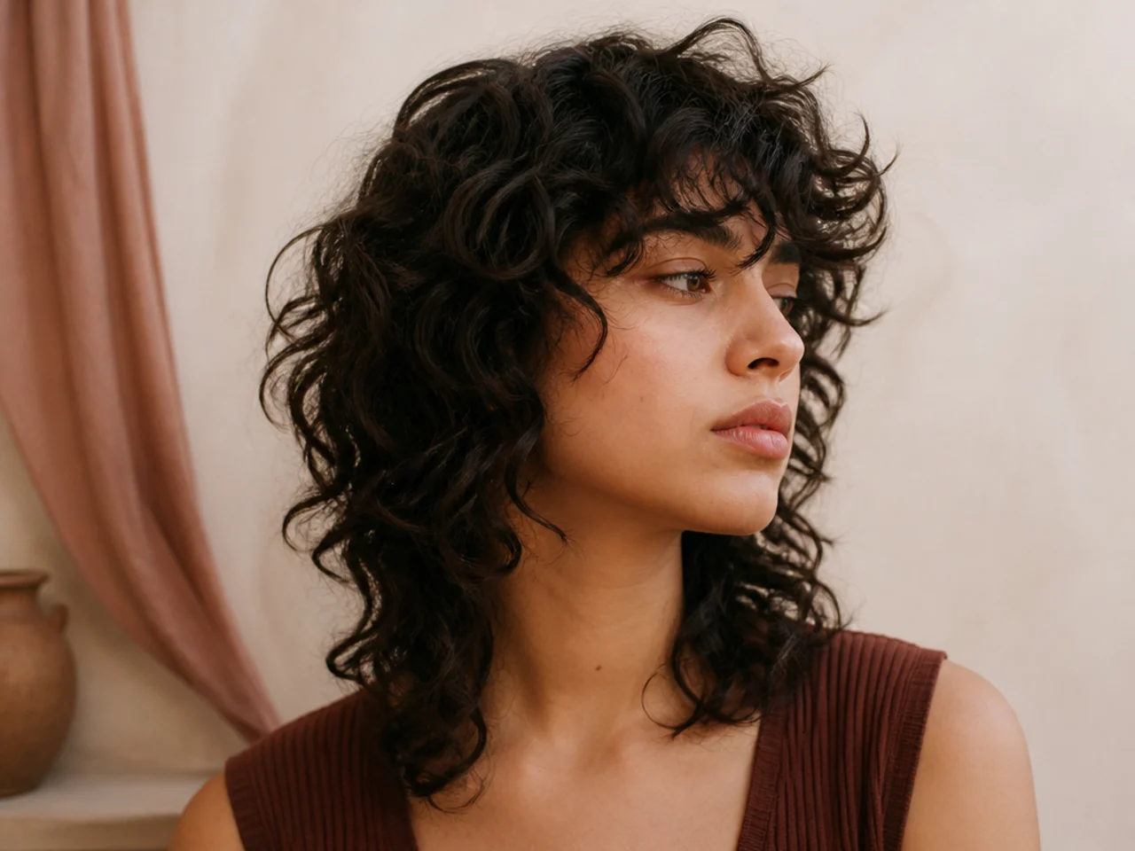 A curly wolf cut with a deep side part