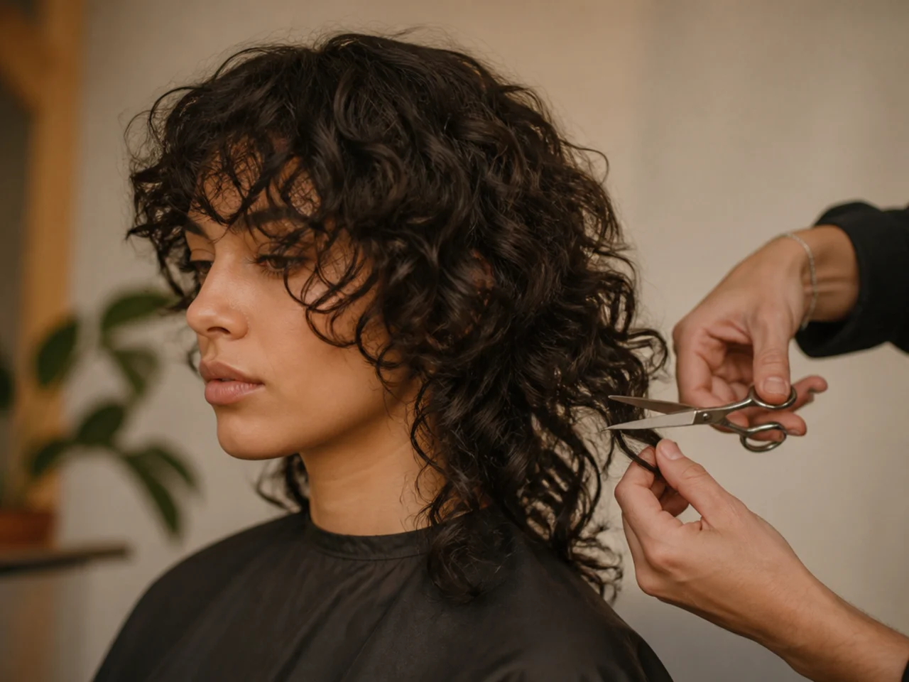 A curly wolf cut being cut dry curl by curl