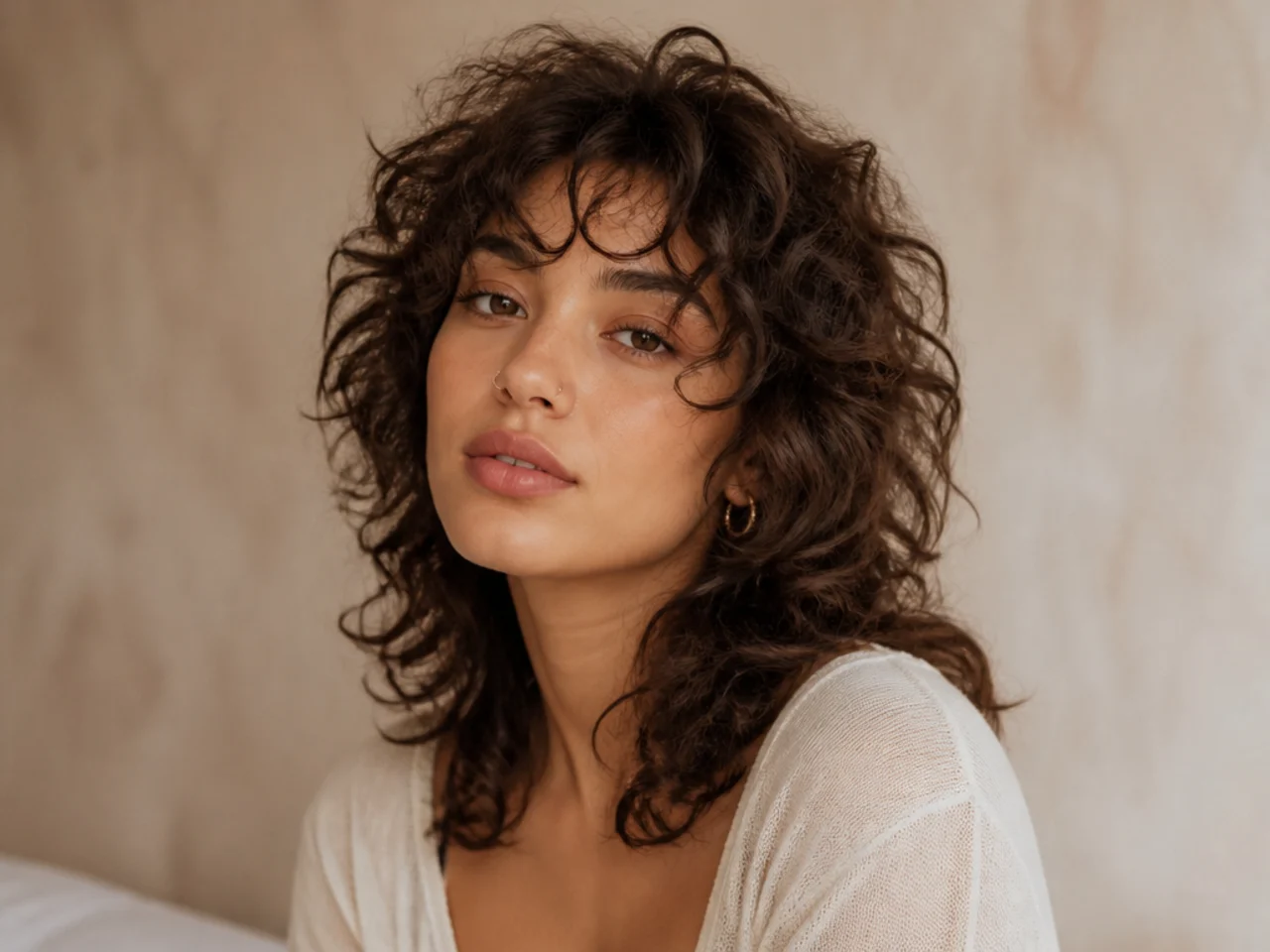 A curly wolf cut with face framing curls